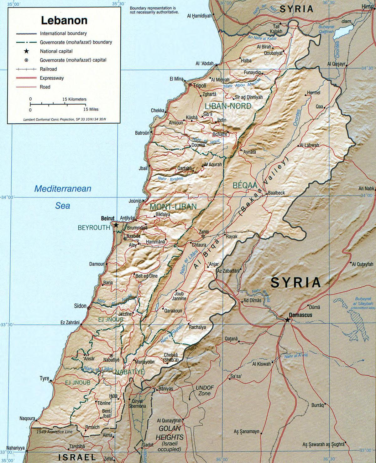 карта на Ливан география