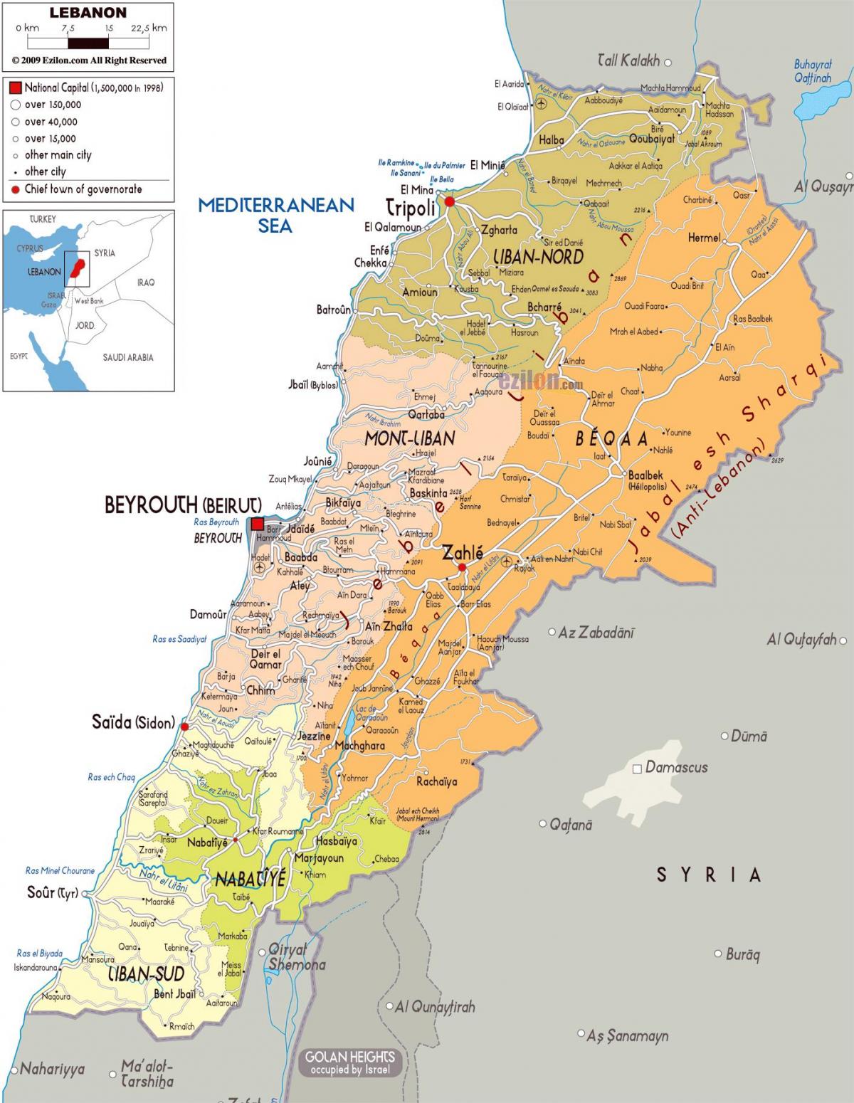 Ливан подробна карта