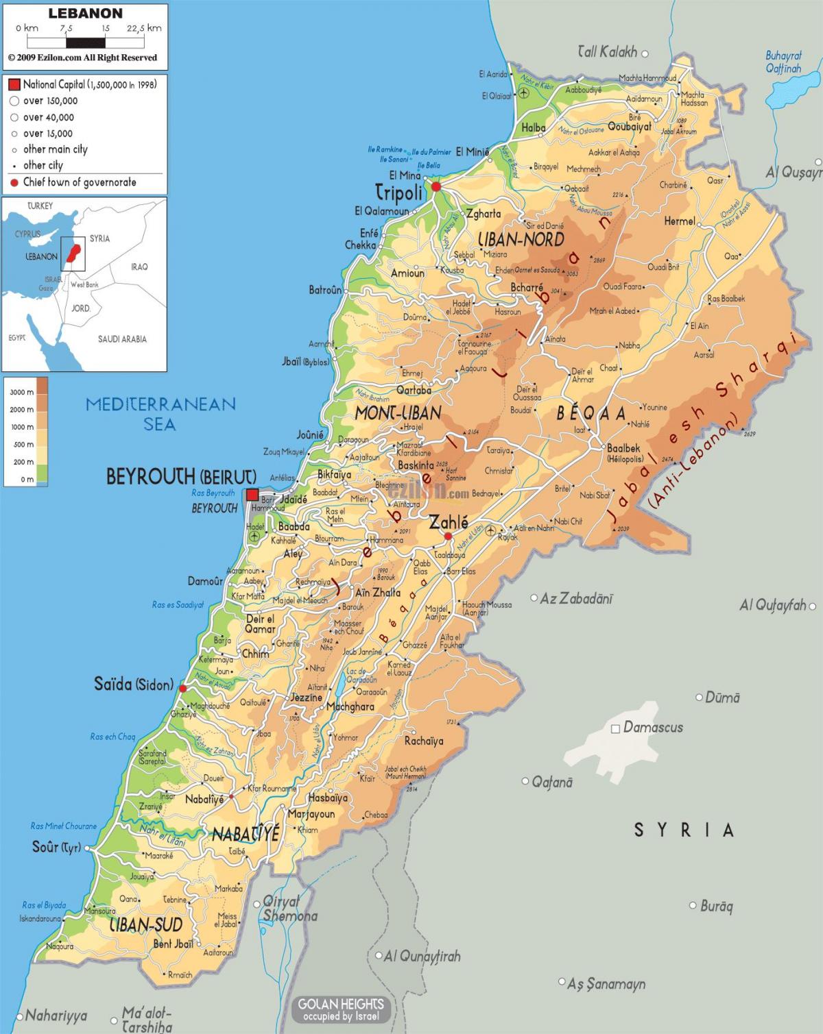 карта на Ливан физическа