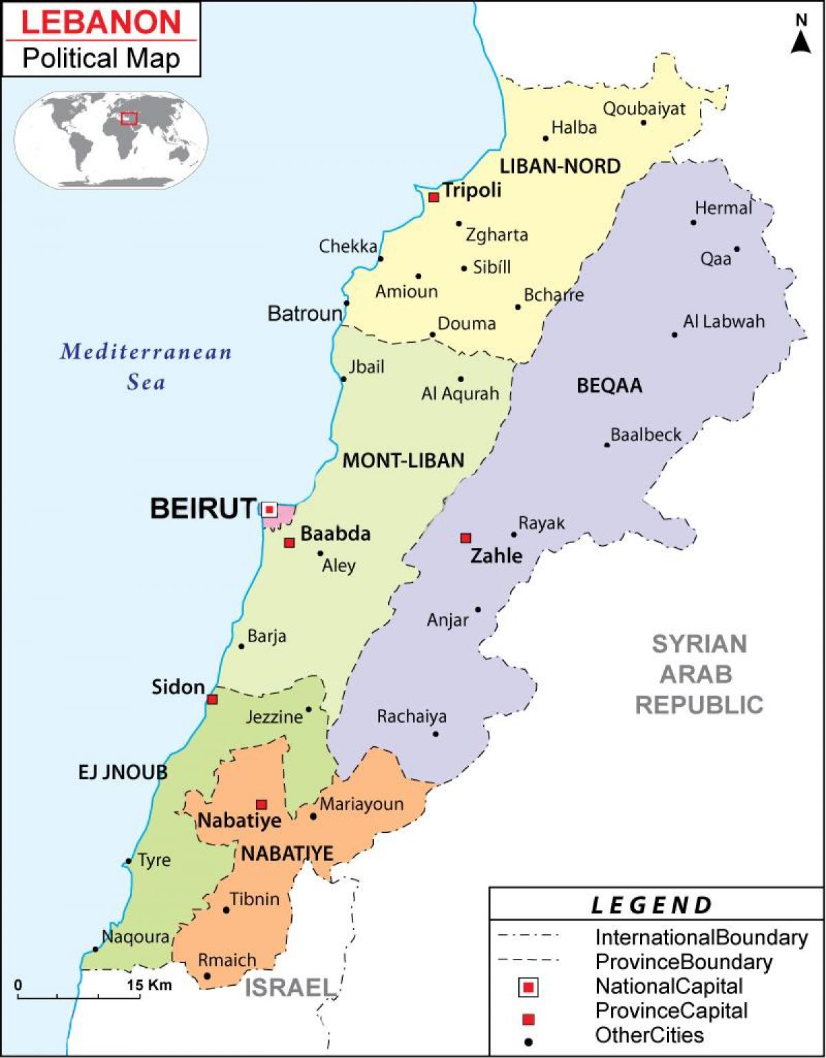 карта на Ливан политически